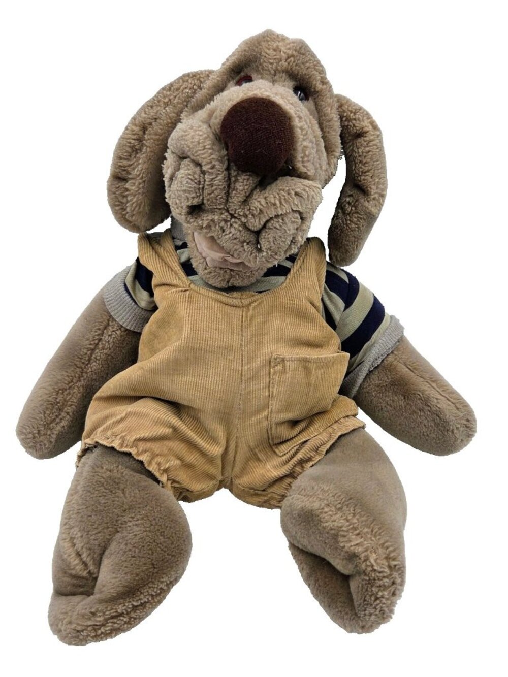 Ganz 80s Wrinkles Dog Plush Puppet Overalls Striped Shirt Vintage Toy Read